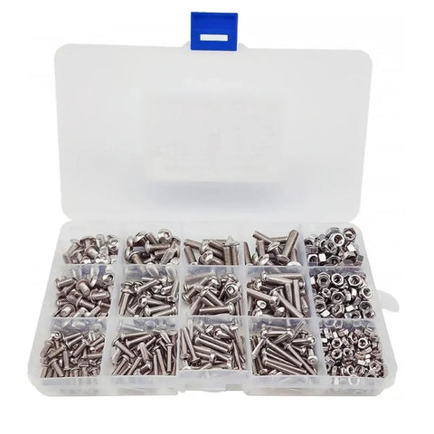Grab This Pro Grade Hex Head Screw And Nut Kit In 304 A2 Stainless Steel, 12 Sizes M3 M4 M5, 500 Pieces Per Carton, visible storage box.