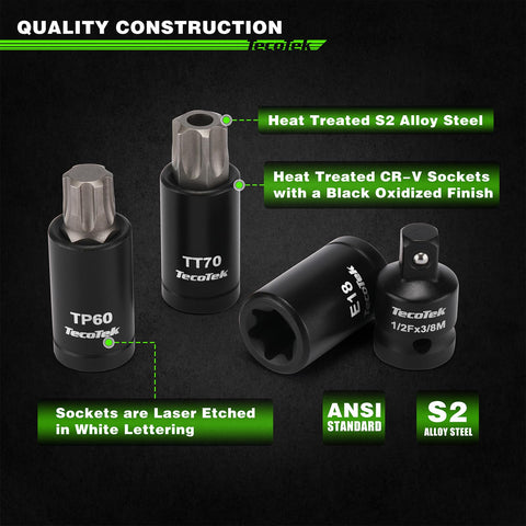 Torx Bit Socket Set With External Torx Sockets For Quarter Inch Drive Three Eighths Inch Drive And Half Inch Drive Built Tough In S2 CrV Steel E4 Through E24 T6 Through T70 And TP Bits Includes 7 Adapters For Automotive DIY Home Garage, featuring heat treated S2 alloy steel and laser etched markings.