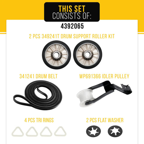 Must Have Dryer Repair Kit 4392065 For Whirlpool DIY Fix With Drum Belt Drum Roller And Pulley To Stop Squeaks And Spin Problems