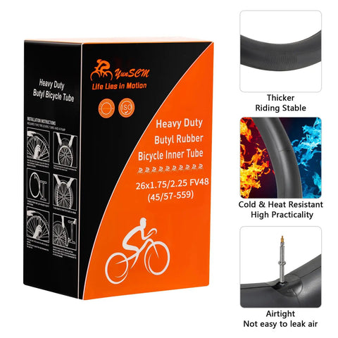 Box of Two Pack 26 Inch Beefed Up Heavy Duty Bike Inner Tubes With FV48mm Presta Valve Compatible With 26 By 1.75 To 26 By 2.25 Tire Sizes 45 57 559 Durable Replacement Tubes
