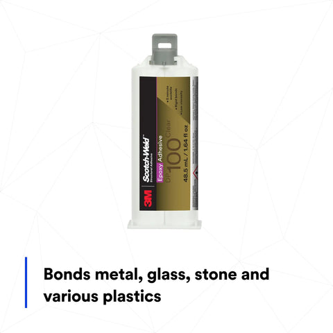 Scotch-Weld DP100 Clear Epoxy Adhesive 1.7 Oz Two-Part Bonding Glue for metal, plastic, ceramic, front view with label.