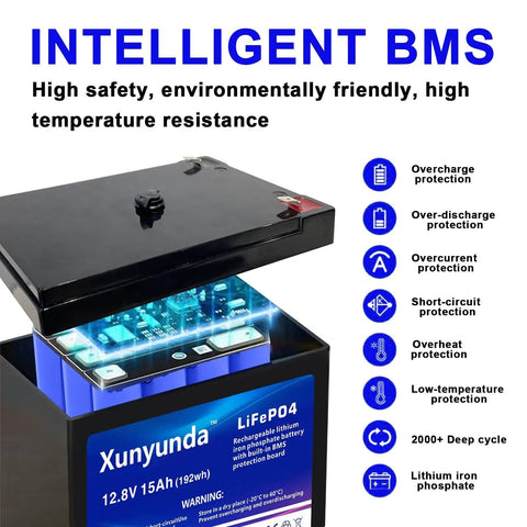 12V 15Ah LiFePO4 Battery With BMS For Solar Marine Camping And Off Grid Power featuring intelligent BMS system details