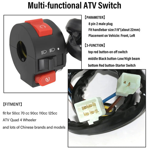 Multi-functional ATV switch with wiring harness for 4-stroke KLX 50cc 70cc 110cc 125cc; 3-function design, plug and play installation.