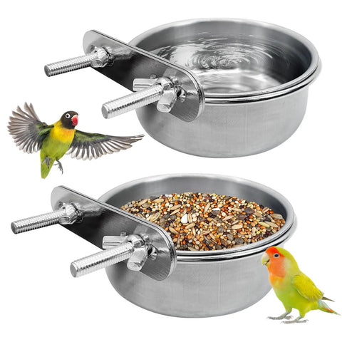 Two stainless steel bird bowls with clamp mounts for parrot food and water (size M), two-piece set