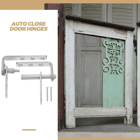 Hidden Door Pivot Hinges With Auto Close Stainless steel hinges and screws on rustic door with intricate design.