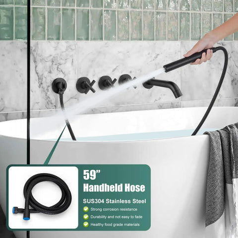 Wall Mount Bathtub Faucet Set With Handheld Shower Wand And Spout, Matte Black Tub Filler With 3 Handle Trim, in use over tub