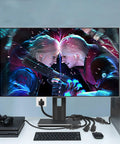 1 To 4 Outlet Power Splitter Extension Cord For Indoor Outdoor Use Heavy Duty 18AWG SJT 125V 13A Grounded NEMA 5-15P Plug in use with computer monitor, showing video game scene with characters.