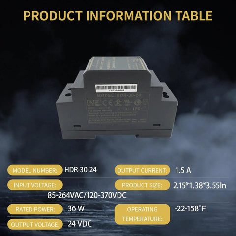 Compact Din Rail Mount Power Supply 24Vdc 1.5A 36W Ac To Dc Converter with product specifications visible in image.