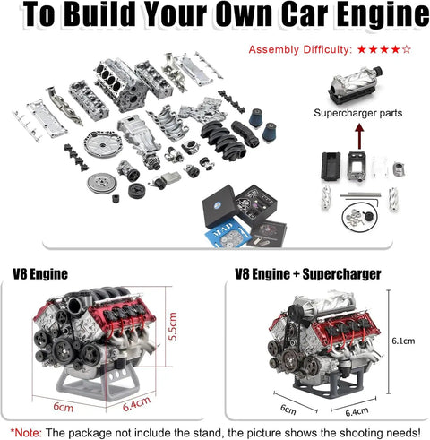 Realistic V8 Engine Model Kit For Adults And RC Gearheads, DIY STEM Engine Build For Desk Display, 6.4cm resin parts