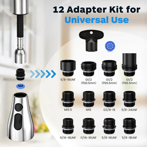 Pull Down Kitchen Sprayer Head With Three Function Modes and Twelve Adapters for universal faucet fit, chrome finish