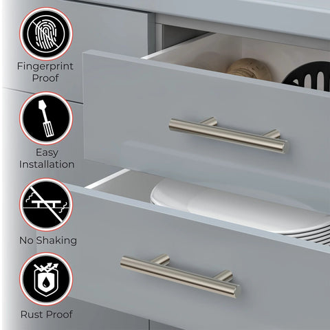 Brushed Nickel Cabinet Handles 5 Inch Length With 3 Inch Hole Centers installed on a kitchen drawer, showcasing easy installation and rust proof features.