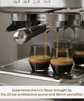Straight Up Game Changer Espresso Machine With Built In Grinder And Genuine 20 Bar Pressure stainless steel coffee maker serving espresso shots.