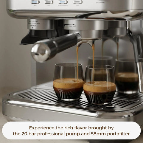 Straight Up Game Changer Espresso Machine With Built In Grinder And Genuine 20 Bar Pressure stainless steel coffee maker serving espresso shots.