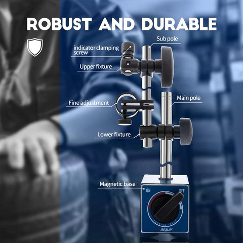 Heavy Duty Magnetic Base Stand With Fine Adjustment For Dial Indicator showcasing sub and main poles with robust design.
