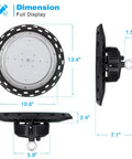 Dimensions of LED High Bay UFO Light 150W, 22,500 Lumens, 5000 Kelvin, UL Approved, shown from top and side views
