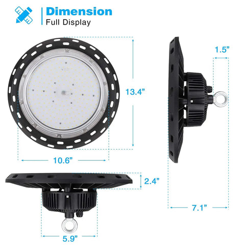 Dimensions of LED High Bay UFO Light 150W, 22,500 Lumens, 5000 Kelvin, UL Approved, shown from top and side views