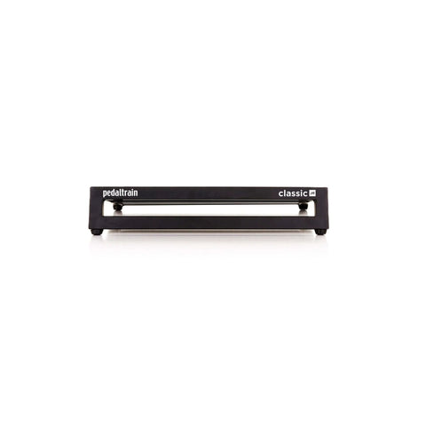 Front view of Classic Jr Pedalboard 18 X 12.5 Inch Aluminum Alloy Construction With Fitted Soft Case Open Front Design Includes Shoulder Strap.