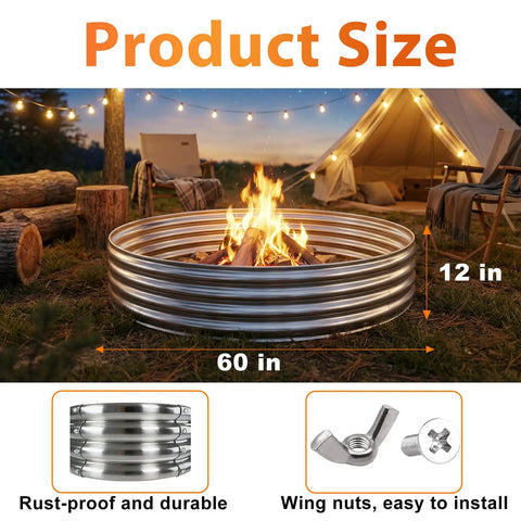 Heavy Duty Steel Outdoor Fire Pit Ring For Wood Burning 60 Inch Large Modern Metal Bonfire Pit For Backyard Camping And Hangouts Durable Ring Fire Pit For Cozy Nights Under The Stars with fire and camping setup