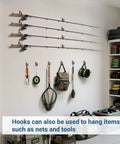 Wall and Ceiling Mounted Fishing Rod Holder Rack holds up to 10 rods with 20 hooks, space-saving gear organizer in garage workshop.