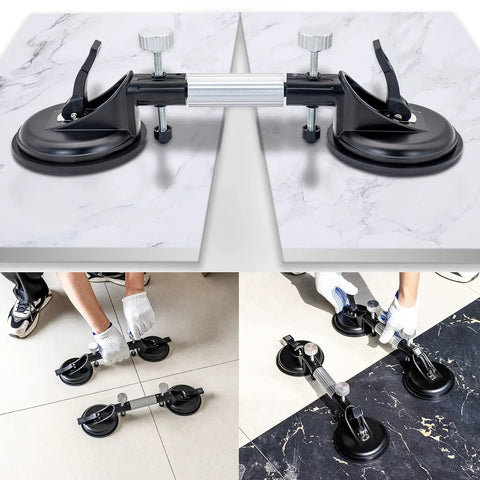 Two Pack 6 Inch Adjustable Granite Seam Setter With Strong Suction Cups For Stone Marble And Glass Slab Installations Tile Countertop Seam Leveling Tool With Durable Metal Handle And Pro Grade Ergonomic Grip For Quick Dialed In Setups shown in use, leveling marble and stone slabs.