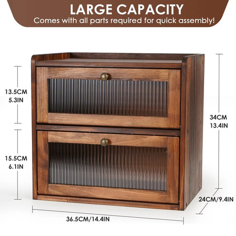 Big Ol Wooden Bread Box For Kitchen Countertop With Two Layer Design And Clear Acrylic Window Rustic Brown Finish