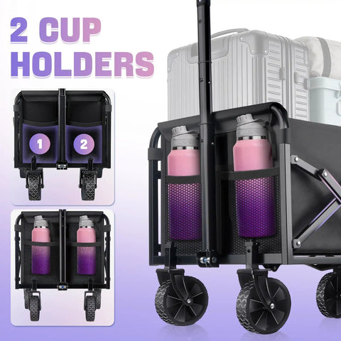Heavy Duty Folding Wagon Cart With 360 Degree Wheels All Terrain Carrier 100Kg Capacity showing two cup holders