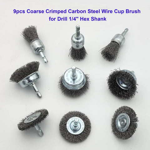15 Piece Wire Brush Set For Drill Attachments Including cup and pen brushes with hex shank, stainless and carbon steel