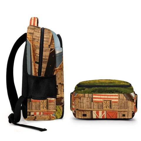 Side view of Pasture Farm Print Backpack for Everyone, unisex large capacity daypack, durable polyester travel school bag, rural barn design.