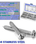 Beefed Up 214 Piece Button Head Torx Security Screws Kit With Stainless Steel Self Tapping Sheet Metal Fasteners In Size Eight And Ten Plus Included Security Bits for tough renovation projects, showing screws in packaging.
