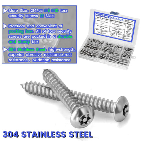 Beefed Up 214 Piece Button Head Torx Security Screws Kit With Stainless Steel Self Tapping Sheet Metal Fasteners In Size Eight And Ten Plus Included Security Bits for tough renovation projects, showing screws in packaging.