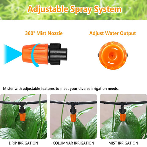 Quarter Inch Drip Irrigation Fittings Kit, 220 Pcs For Drip Systems Including Valves Nozzles Micro Drips Four Way Cross Tees Couplings End Plugs Elbows Hose Stakes Easy Install Durable Plastic Garden Irrigation Set featuring adjustable spray nozzles and 360-degree mist options for efficient watering.