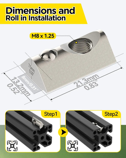 Ball Spring T Slot Nut For 4040 Aluminum Extrusion M8 ball-loaded elastic T nut, dimensions and installation steps for 8mm T slot