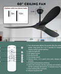 60 Inch 3 Blade Walnut Wood Ceiling Fan No Light With Remote Noiseless Reversible DC Motor For Indoor Outdoor Use Farmhouse Patio Living Room Bedroom Moisture Proof Design