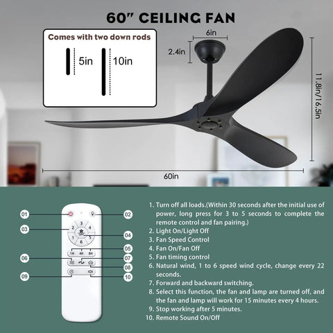 60 Inch 3 Blade Walnut Wood Ceiling Fan No Light With Remote Noiseless Reversible DC Motor For Indoor Outdoor Use Farmhouse Patio Living Room Bedroom Moisture Proof Design