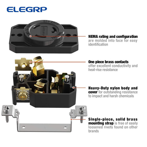 NEMA L6-20R Flush Mounting Locking Receptacle Twist Lock Socket For Generator 20 Amp 250V brass contacts and nylon body