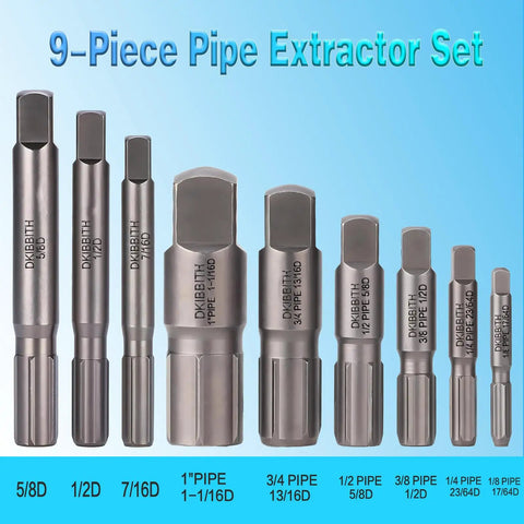 Nine Piece Heavy Duty Pipe Extractor Set For Removing Damaged Threaded Pipes And Fittings From One Eighth Inch To One Inch shown in size range