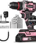 Brushless 20V Cordless Drill Driver Kit With 2.0Ah Battery And Charger, pink drill, 3/8-inch metal chuck, drill bits shown