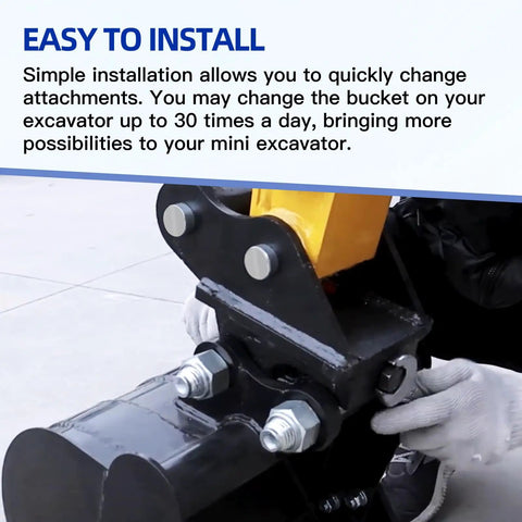 Installation of a Beast Mode Quick Hitch For Mini Excavators, Easy Quick Connect Coupler That Fits Typhon Mini Machines And Not Exceeding 3 Tons, Durable 8.9 x 5.7 x 6.5 Inch Size, Versatile Attachment Connector For Heavy Equipment being installed on mini excavator, user hands visible demonstrating attachment.