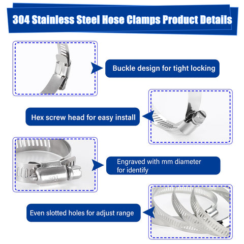 304 stainless steel hose clamps product details with buckle design, hex screw, engraved mm diameter, slotted holes