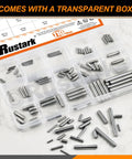 110 Piece Dowel Pin Set In 304 Stainless Steel, 22 Sizes From M2 To M5, Cylindrical Shelf Pins And Rod Fasteners For Mechanical Projects, Manufacturing, And DIY Use. Transparent box with assorted stainless steel dowel pins