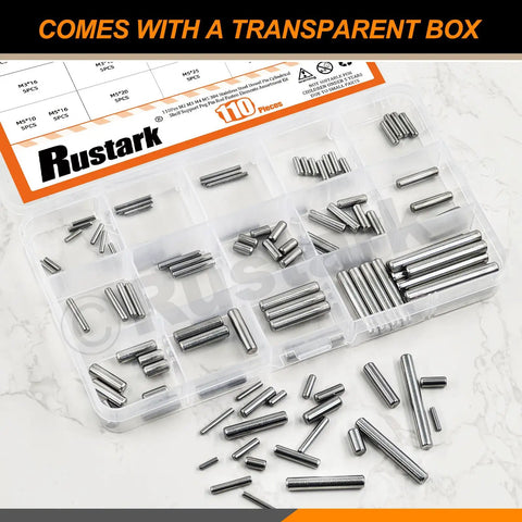 110 Piece Dowel Pin Set In 304 Stainless Steel, 22 Sizes From M2 To M5, Cylindrical Shelf Pins And Rod Fasteners For Mechanical Projects, Manufacturing, And DIY Use. Transparent box with assorted stainless steel dowel pins