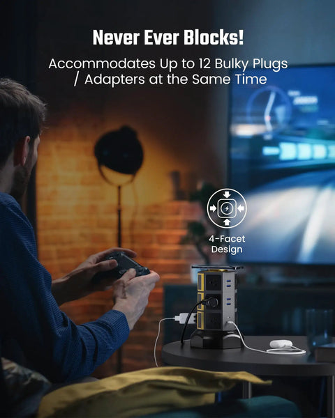 All In One Power Strip Tower With 15W Magnetic Wireless Charger And 1050J Surge Protector on table next to person gaming.