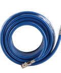 50 Ft PVC Air Hose With Quick Connect Coupler For Air Compressor, heavy duty blue hose coiled with metal connector, shop use.