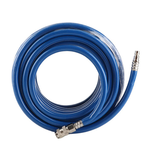 50 Ft PVC Air Hose With Quick Connect Coupler For Air Compressor, heavy duty blue hose coiled with metal connector, shop use.