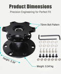 Product dimensions of Shred The Pavement With This Universal Quick Release Steering Wheel Hub Adapter in black with 70mm bolt pattern.