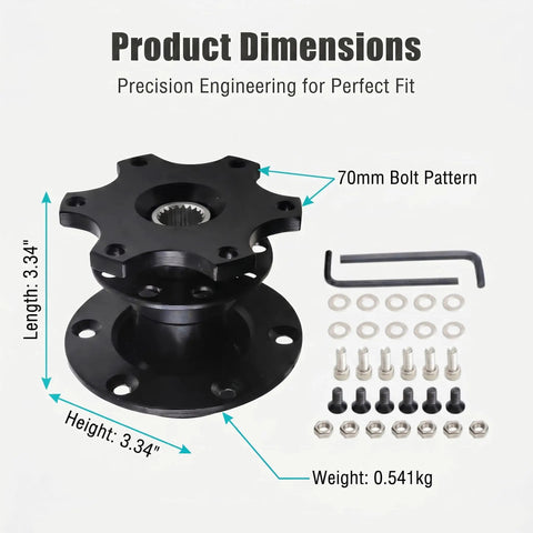 Product dimensions of Shred The Pavement With This Universal Quick Release Steering Wheel Hub Adapter in black with 70mm bolt pattern.