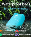 Dry Bag Waterproof Backpack Roll Top With Double Zipper Seal, 20L, Sky Blue, shown in water with waterproof text