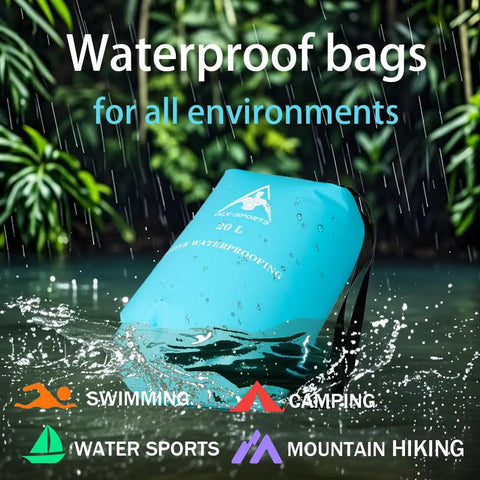 Dry Bag Waterproof Backpack Roll Top With Double Zipper Seal, 20L, Sky Blue, shown in water with waterproof text