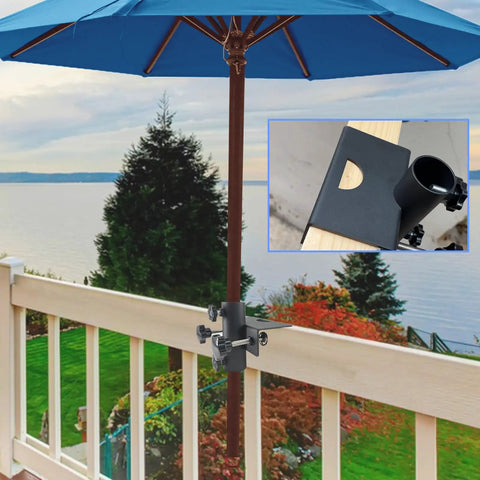 Adjustable Outdoor Umbrella Clamp Holder That Clips On Rails Benches Decks And More Universal Umbrella Clamp Mount Fits 0.8 To 2.7 Inch Railings Fences Balconies Tailgates Boats And Patio Spaces with blue umbrella on a balcony railing