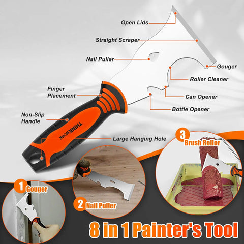 8-in-1 painter's tool with gouger, roller cleaner, and nail puller functions, featuring a labeled diagram of uses on surface.